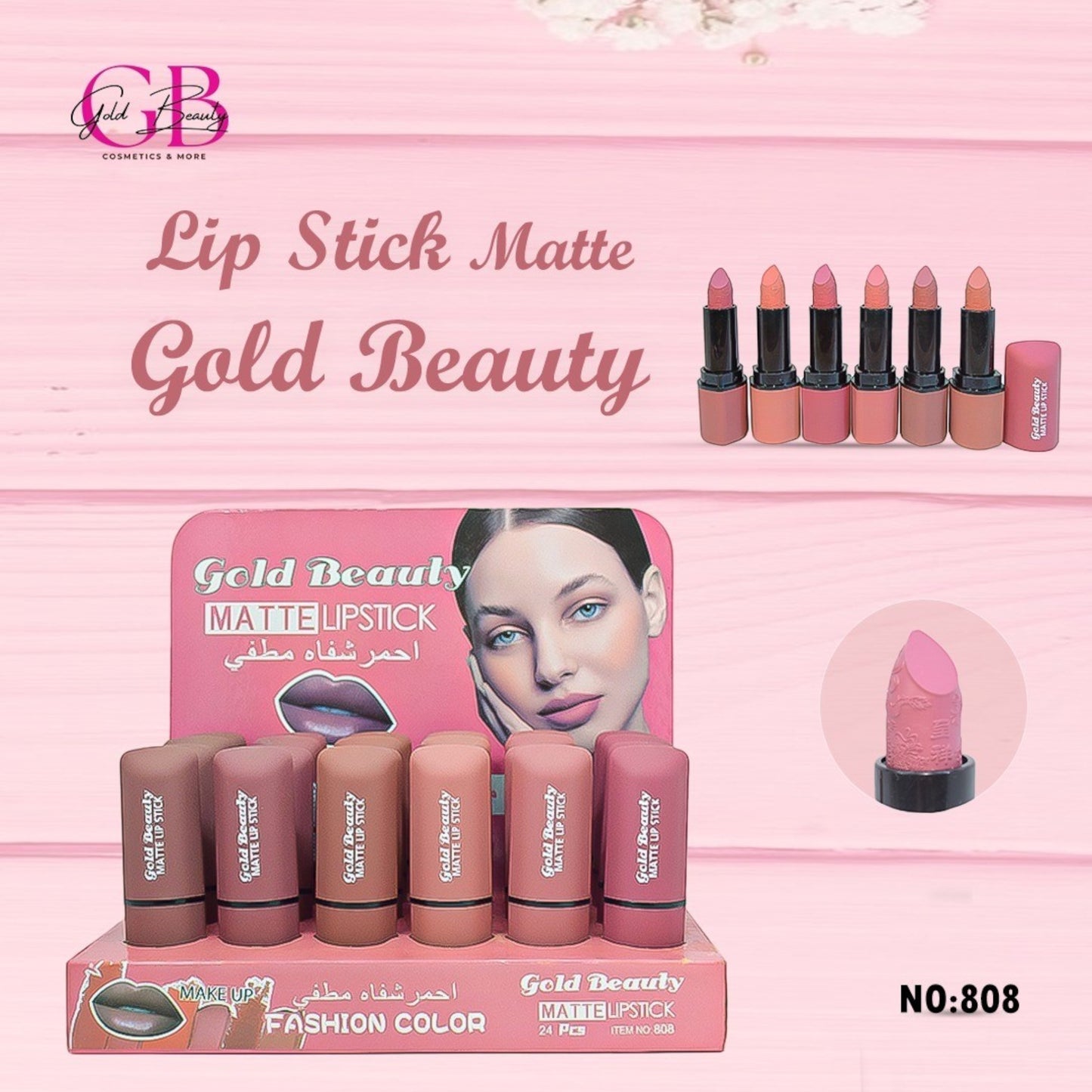 Elsakary Gold Beauty matte lipstick set featuring 6 shades of nude and pink tones. Displayed in a pink box with a model's face.