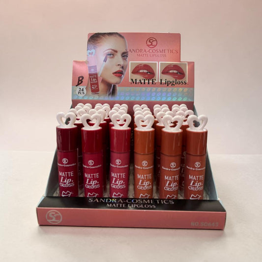 Elsakary Sandra Matte Lip Gloss SC643B display box with rows of matte liquid lipsticks in shades of red and brown, each with a heart-shaped applicator.