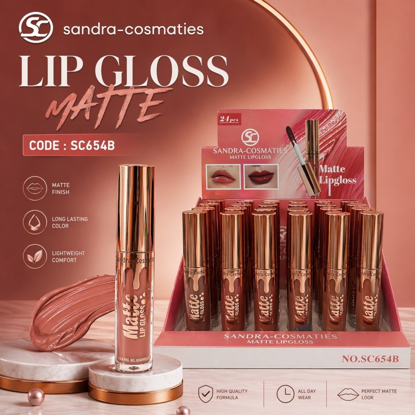 Elsakary Sandra Matte Lip Gloss SC654B in a rose gold tube with a matte nude shade. Features matte finish, long-lasting color, and lightweight comfort.