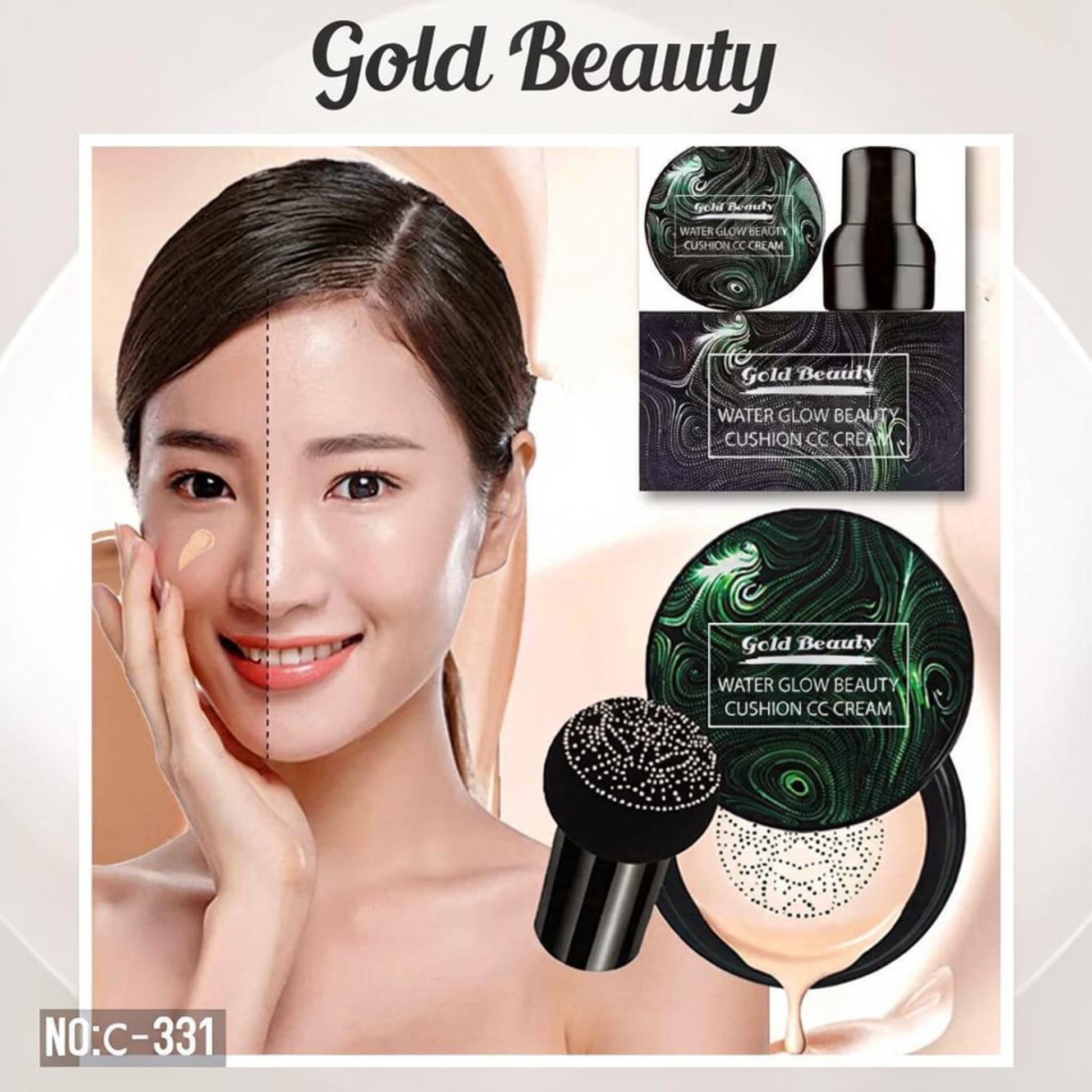 Elsakary Gold Beauty foundation C331, a water glow cushion CC cream with a model demonstrating application.