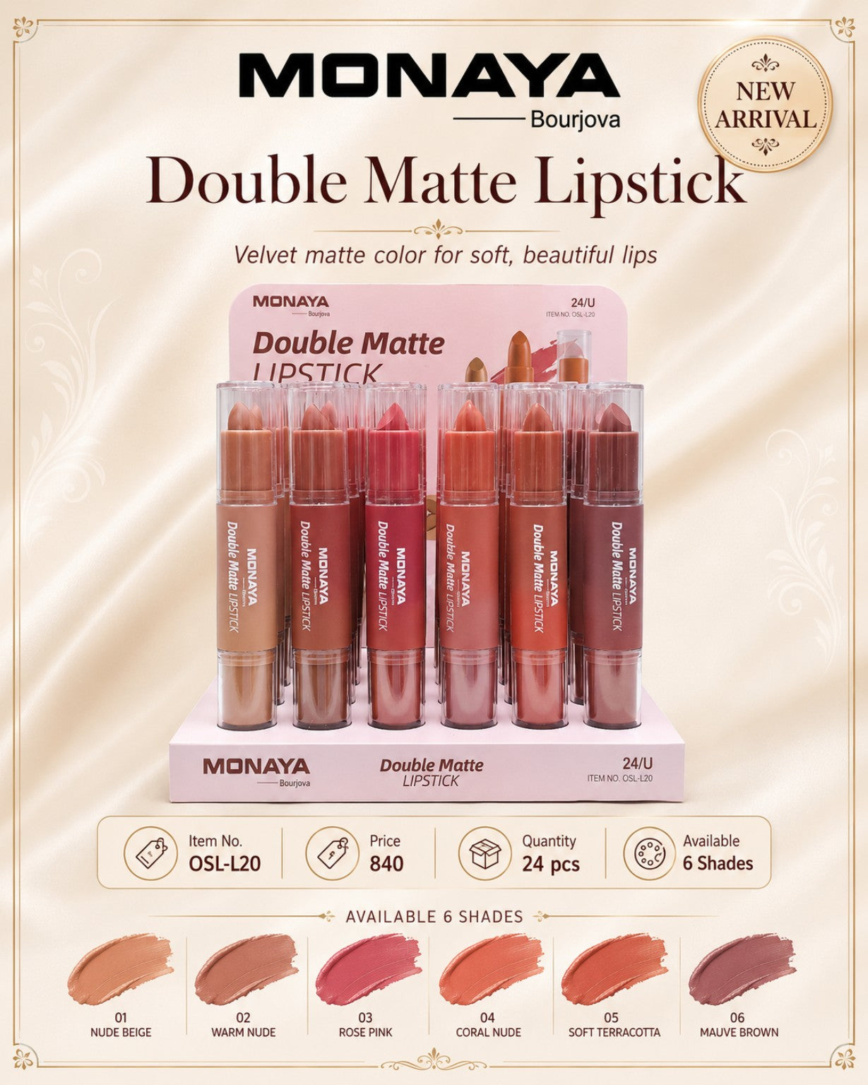 Monaya Double Matte Lipstick OSL-L20 display 24 pieces