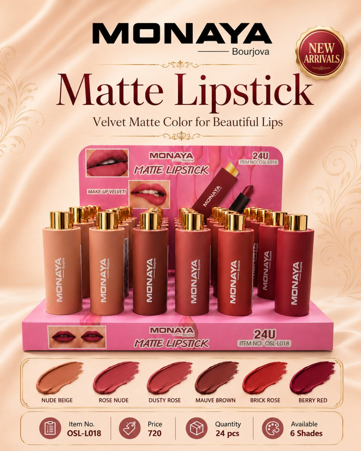 Monaya Matte Lipstick OSL-L018 display 24 pieces